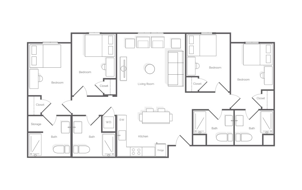 D1.2 - 4 bedroom floorplan layout with 4 bathrooms and 1331 square feet (2D)