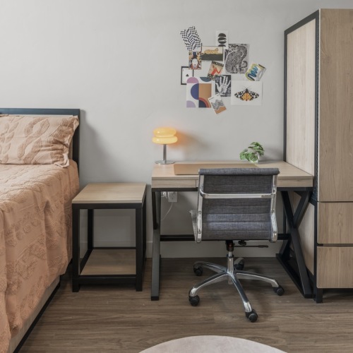 bedroom with a bed, desk and chair, and armoire