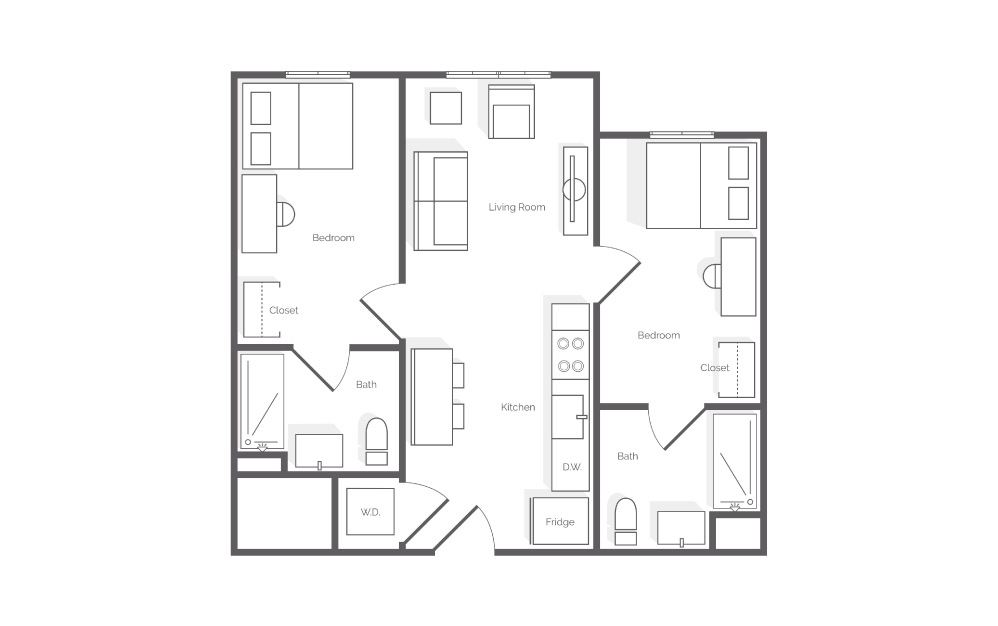 B1 - 2 bedroom floorplan layout with 2 bathrooms and 591 square feet (2D)
