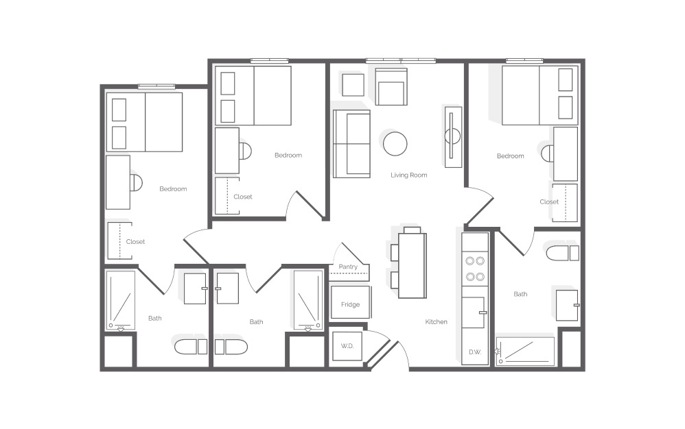 C1 - 3 bedroom floorplan layout with 3 bathrooms and 886 square feet (2D)
