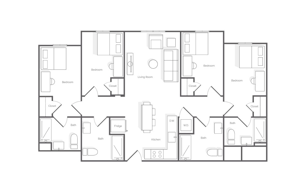 D1 - 4 bedroom floorplan layout with 4 bathrooms and 1191 square feet (2D)