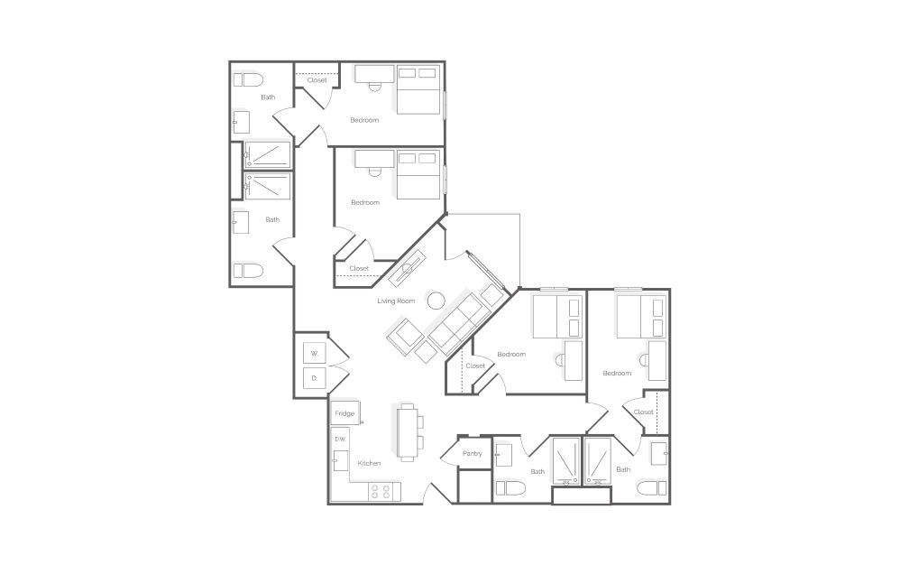 D2 - 4 bedroom floorplan layout with 4 bathrooms and 1354 square feet (2D)